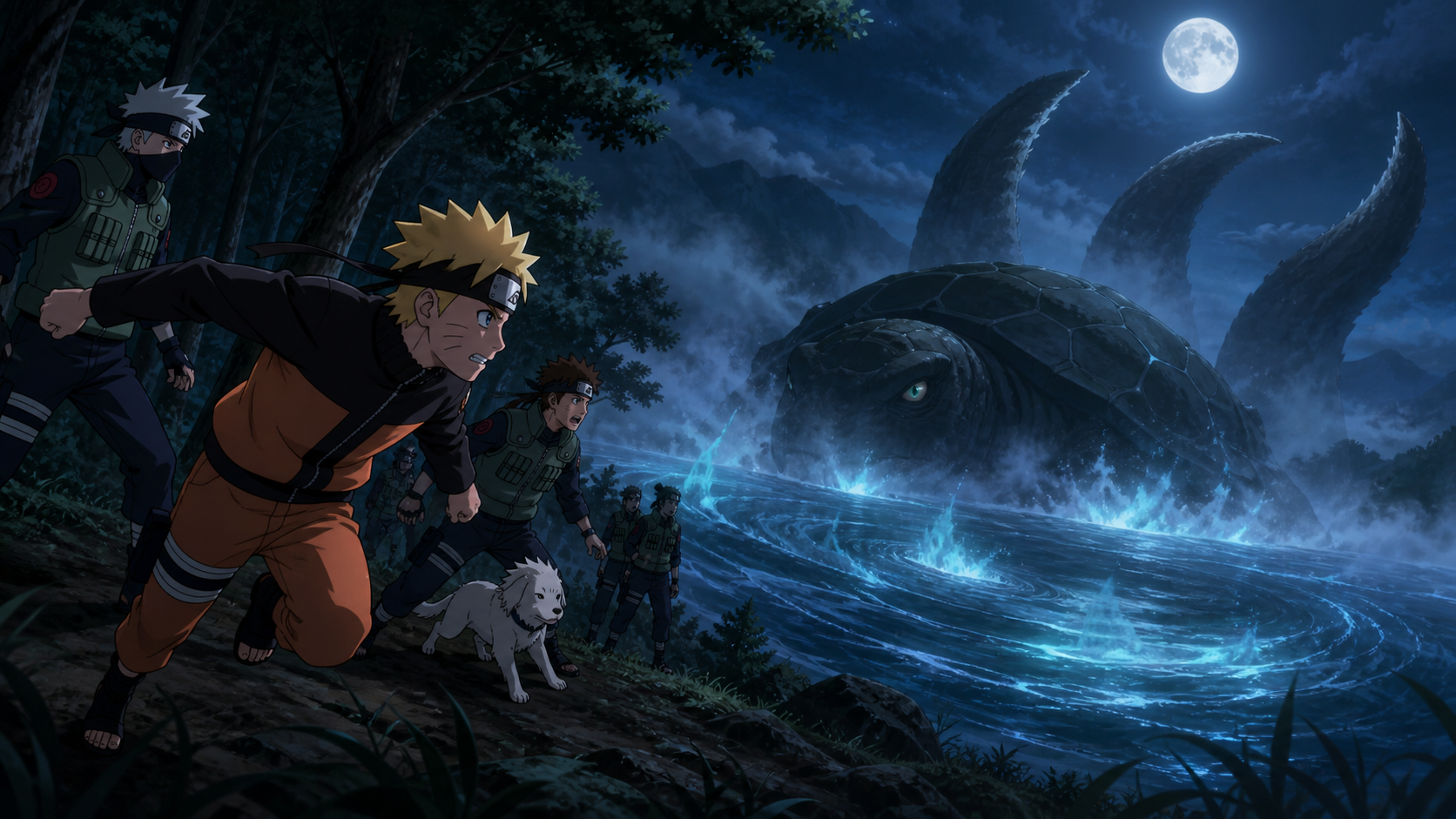 Naruto races toward a moonlit lake as Kakashi, Kiba and Akamaru witness the immense Three-Tails rising through mist in Naruto Shippuden Episode 99