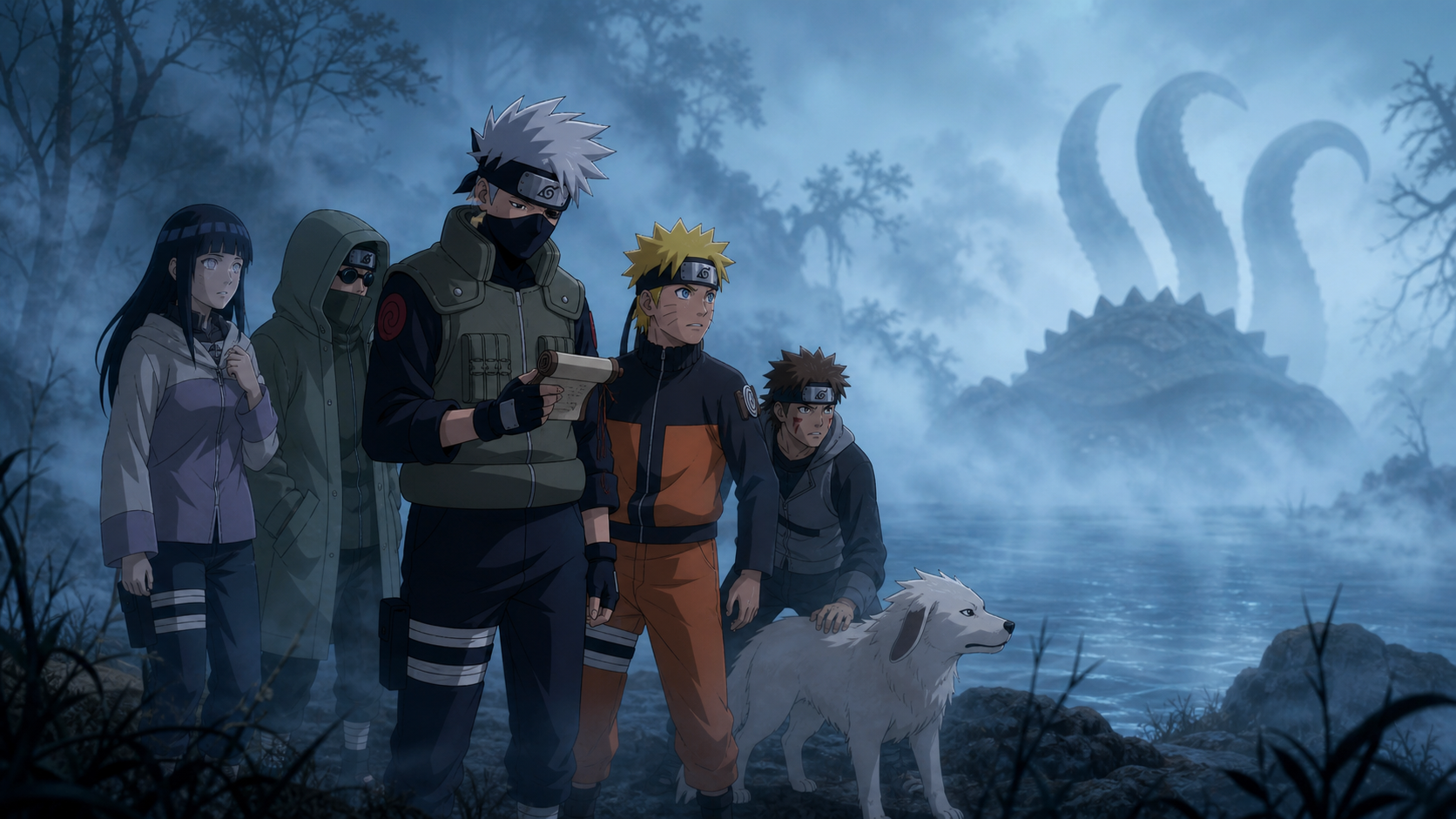 Naruto reunites with Kakashi, Hinata, Shino, Kiba and Akamaru beside an illusion-filled misty lake in Naruto Shippuden Episode 100