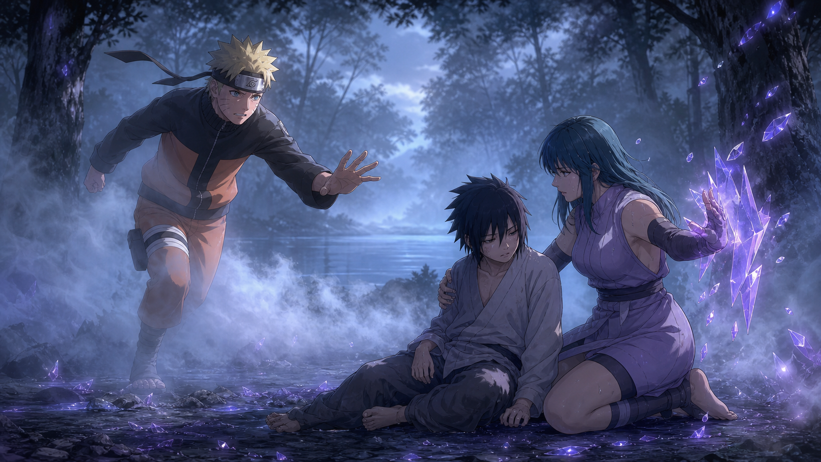 Naruto reaches toward the weakened Yukimaru as Guren shields the boy with violet crystal inside the mist in Naruto Shippuden Episode 101