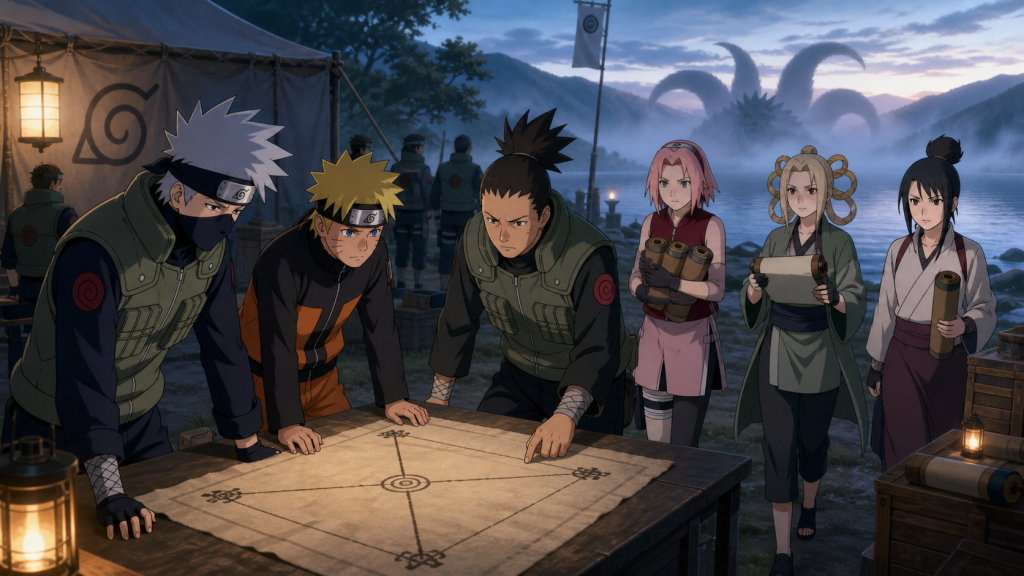 Kakashi, Naruto and Leaf reinforcements study a four-corner sealing plan beside the misty Three-Tails lake in Naruto Shippuden Episode 102