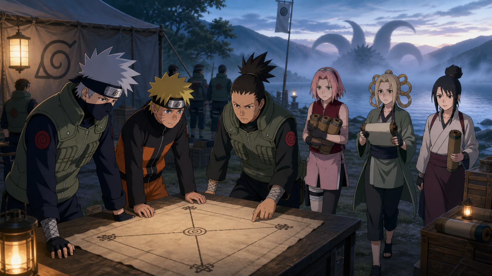 Kakashi, Naruto and Leaf reinforcements study a four-corner sealing plan beside the misty Three-Tails lake in Naruto Shippuden Episode 102