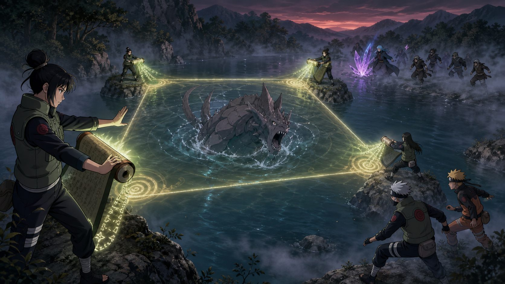 Shizune's four sealing specialists activate a glowing barrier around the Three-Tails as Guren's team approaches in Naruto Shippuden Episode 103