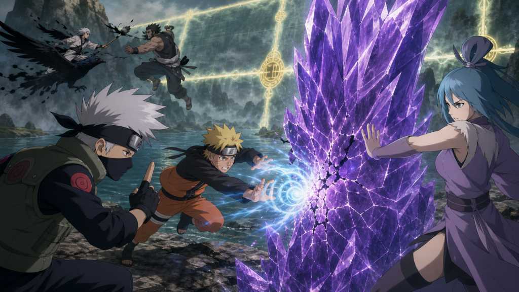 Naruto strikes a weak point in Guren's crystal wall while Kakashi guides him and Sai intercepts Gozu in Naruto Shippuden Episode 104