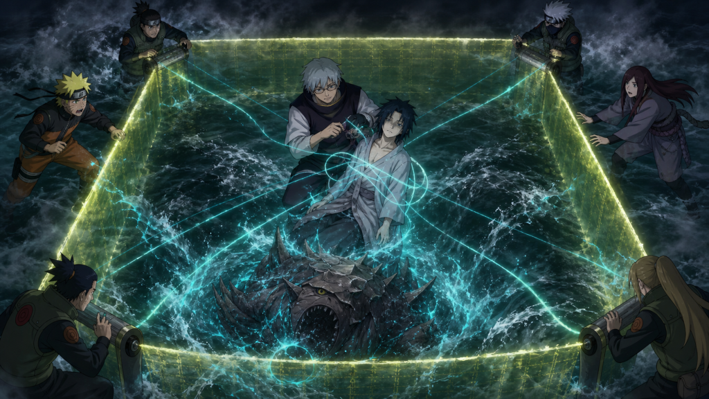 Kabuto forces chakra through the weakened Yukimaru as the Three-Tails attacks the Four-Corner Sealing Barrier from within in Naruto Shippuden Episode 105