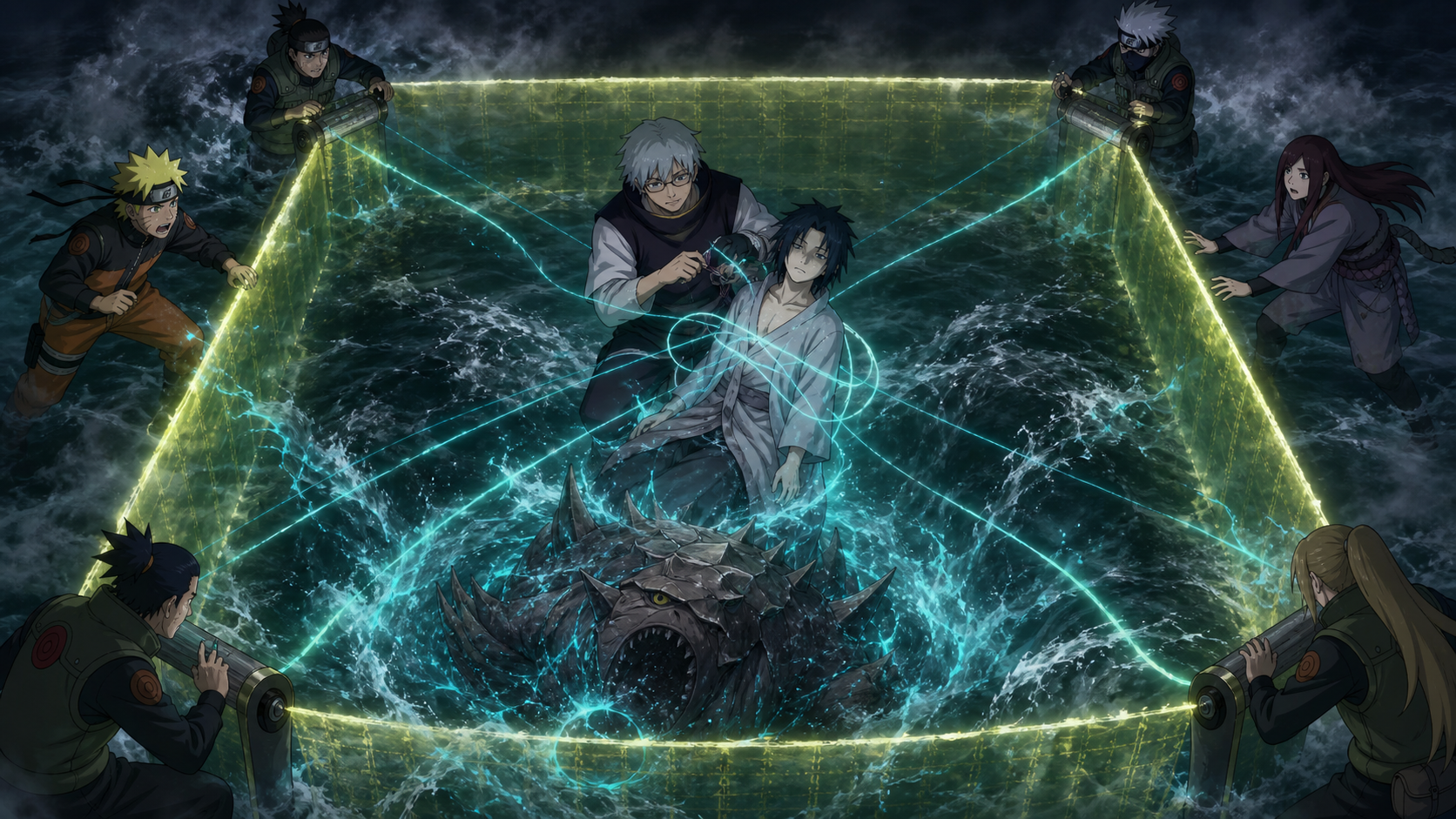 Kabuto forces chakra through the weakened Yukimaru as the Three-Tails attacks the Four-Corner Sealing Barrier from within in Naruto Shippuden Episode 105