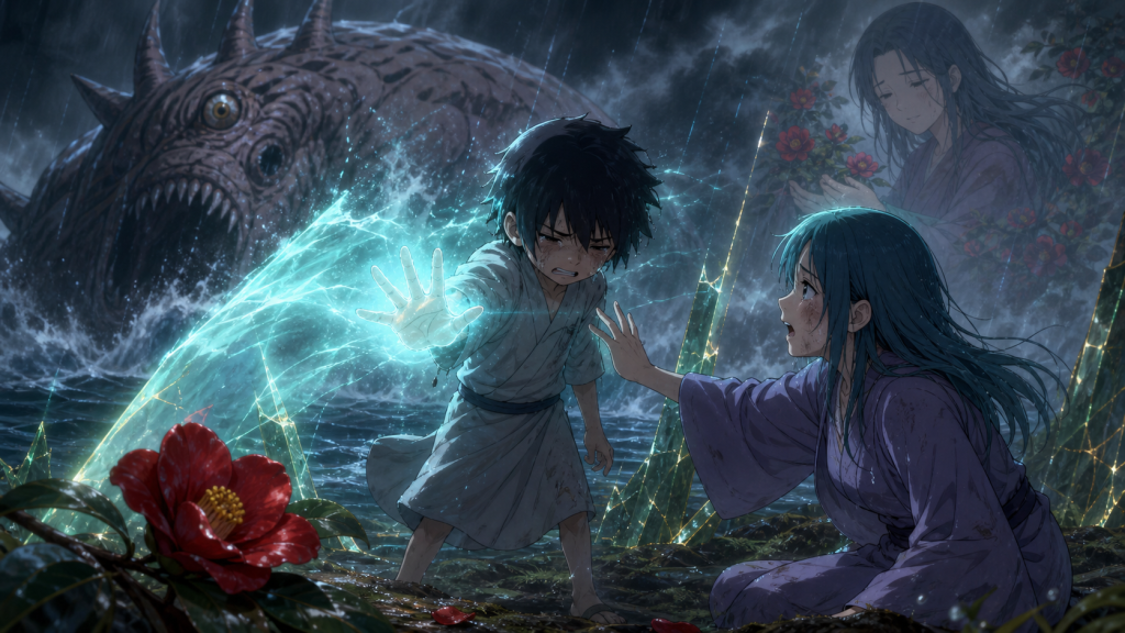 Yukimaru uses a cyan chakra shield to protect Guren from the Three-Tails beside a vivid red camellia in Naruto Shippuden Episode 106