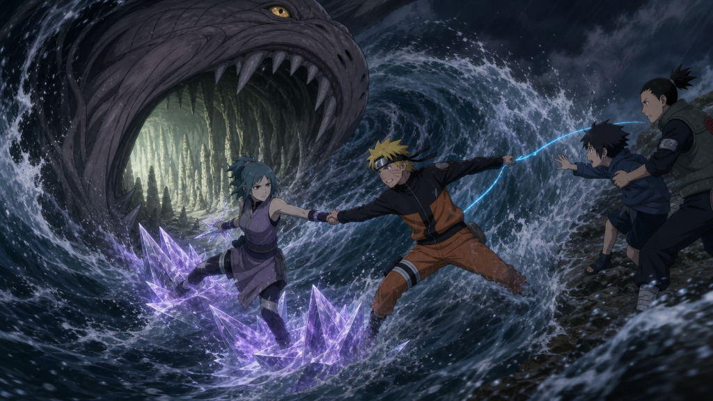 Naruto and Guren join hands across crystal footholds as a whirlpool pulls them toward the Three-Tails limestone interior in Naruto Shippuden Episode 107