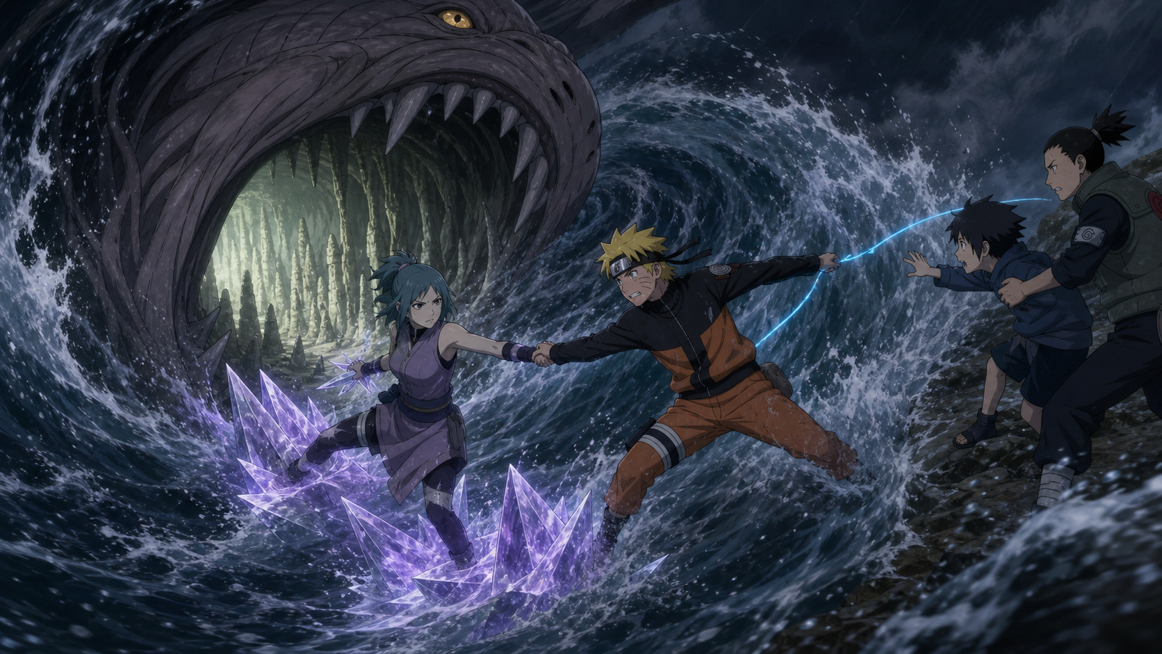 Naruto and Guren join hands across crystal footholds as a whirlpool pulls them toward the Three-Tails limestone interior in Naruto Shippuden Episode 107