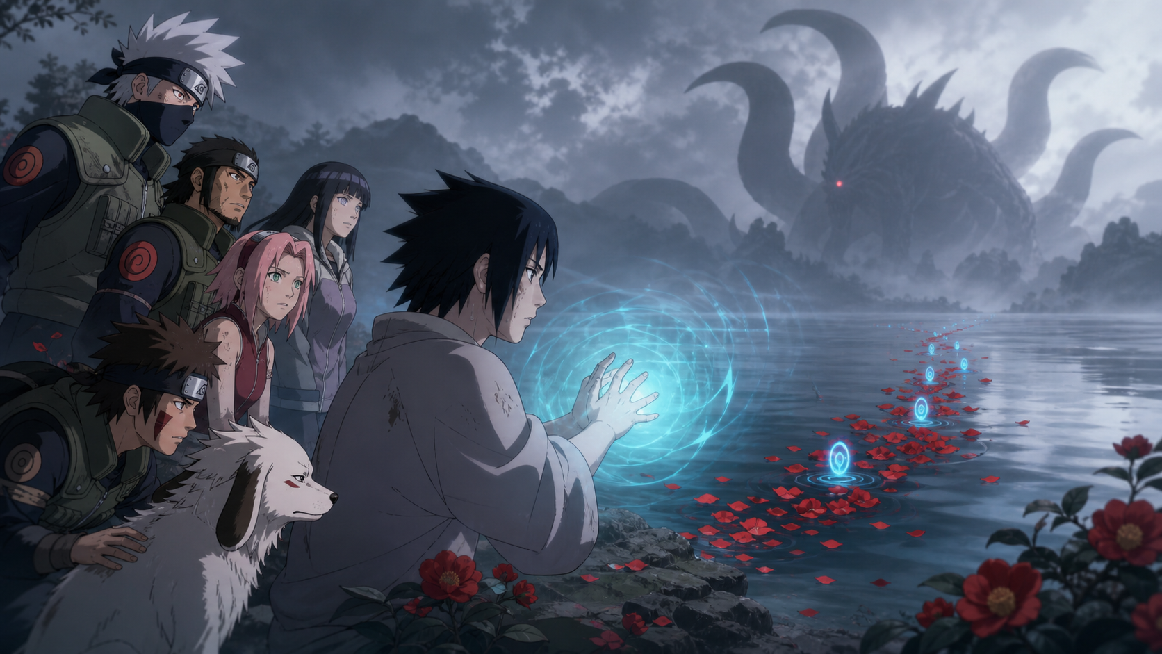 Yukimaru guides Kakashi's rescue team with cyan sensory pulses and red camellia petals toward the Three-Tails in Naruto Shippuden Episode 108