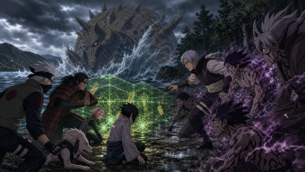 Kabuto and curse-mark fighters attack Kakashi's team as the Three-Tails surges behind Yukimaru in Naruto Shippuden Episode 109