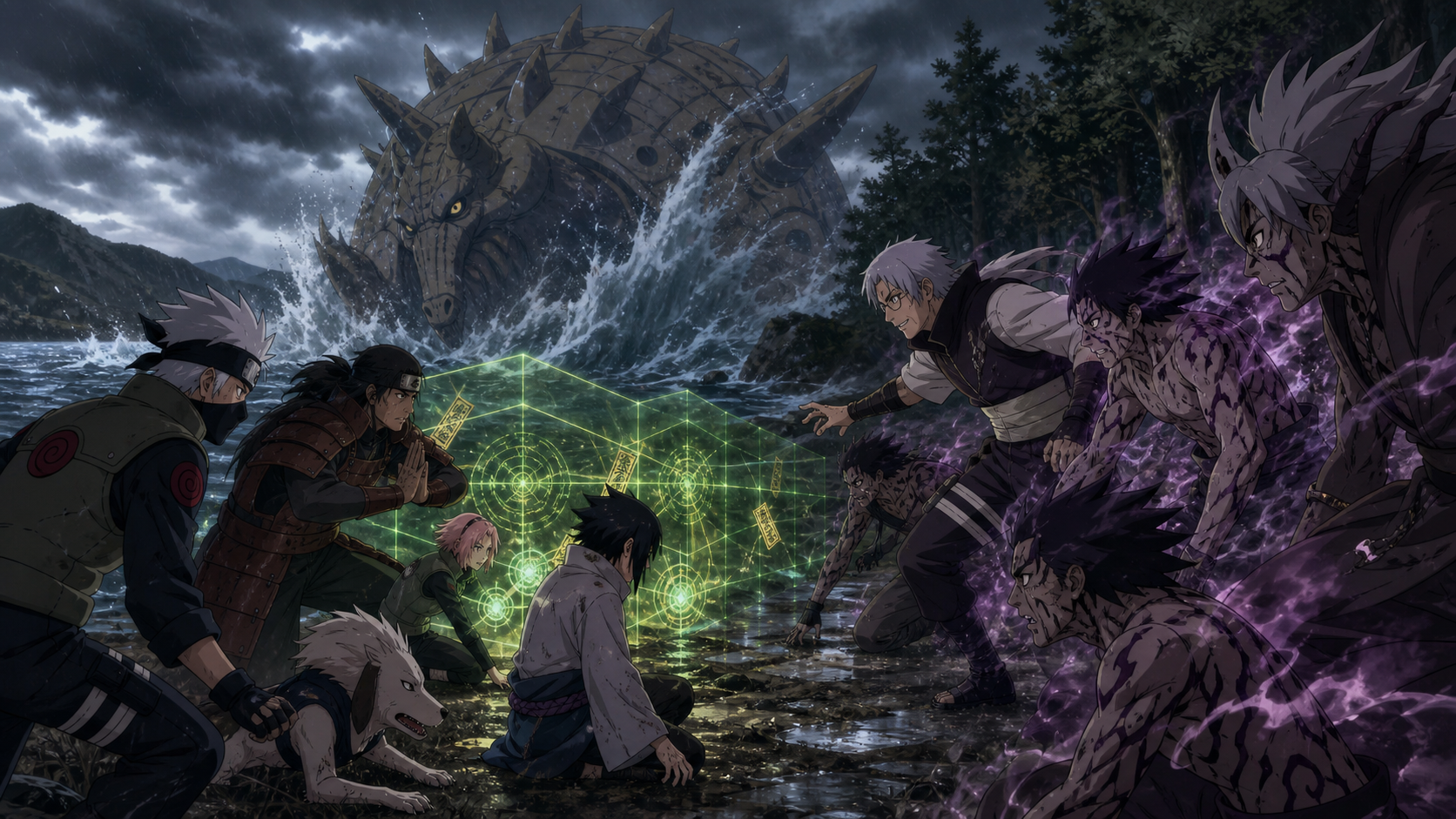 Kabuto and curse-mark fighters attack Kakashi's team as the Three-Tails surges behind Yukimaru in Naruto Shippuden Episode 109
