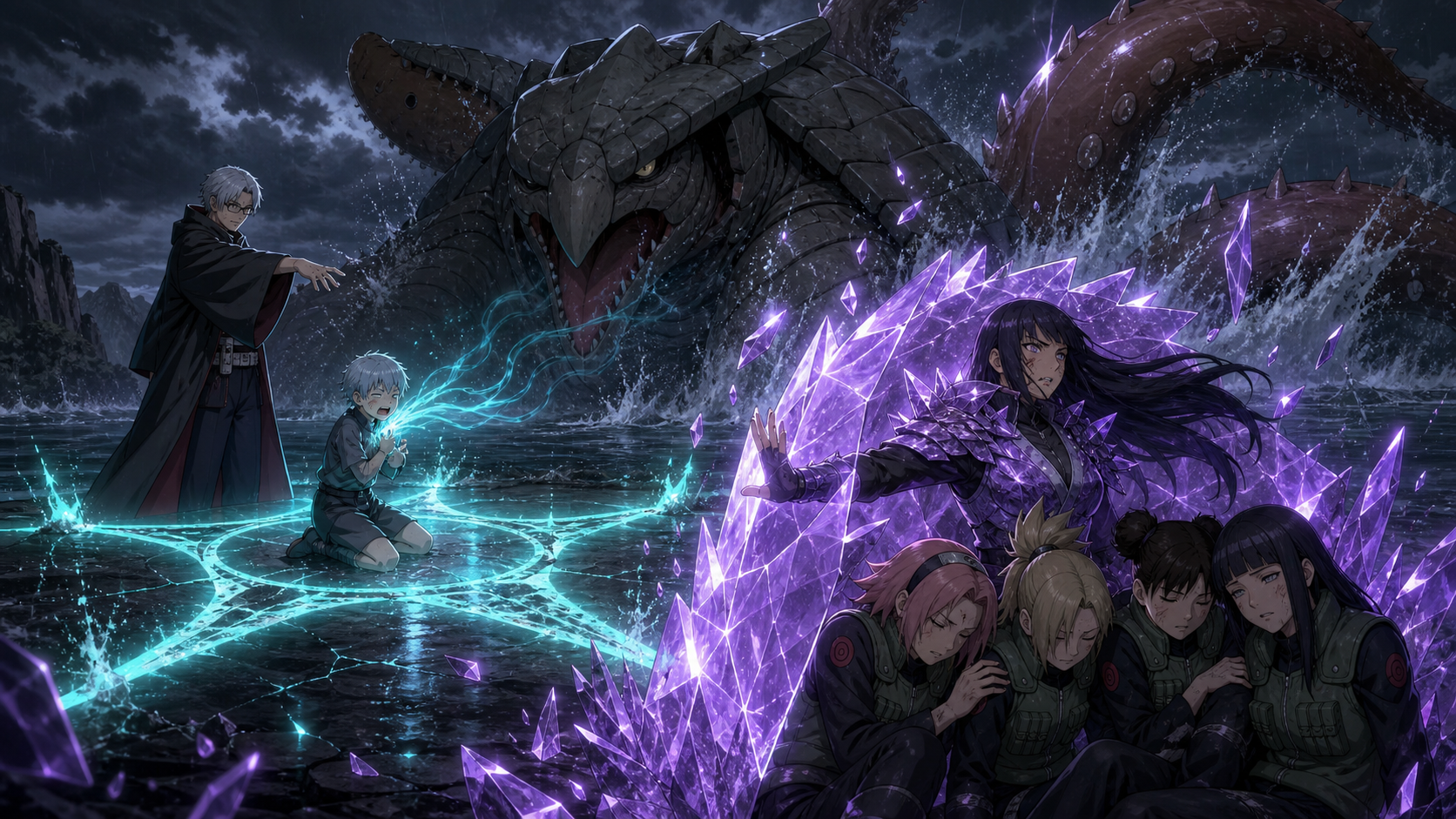 Guren raises a purple crystal shield over the Leaf sealing team as Kabuto forces Yukimaru to summon the Three-Tails in Naruto Shippuden Episode 110