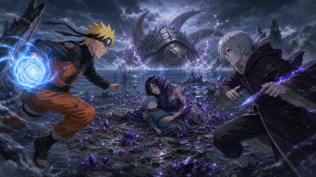 Naruto charges Kabuto with a blue Rasengan while Guren protects unconscious Yukimaru beside the shattered Three-Tails lake in Naruto Shippuden Episode 111