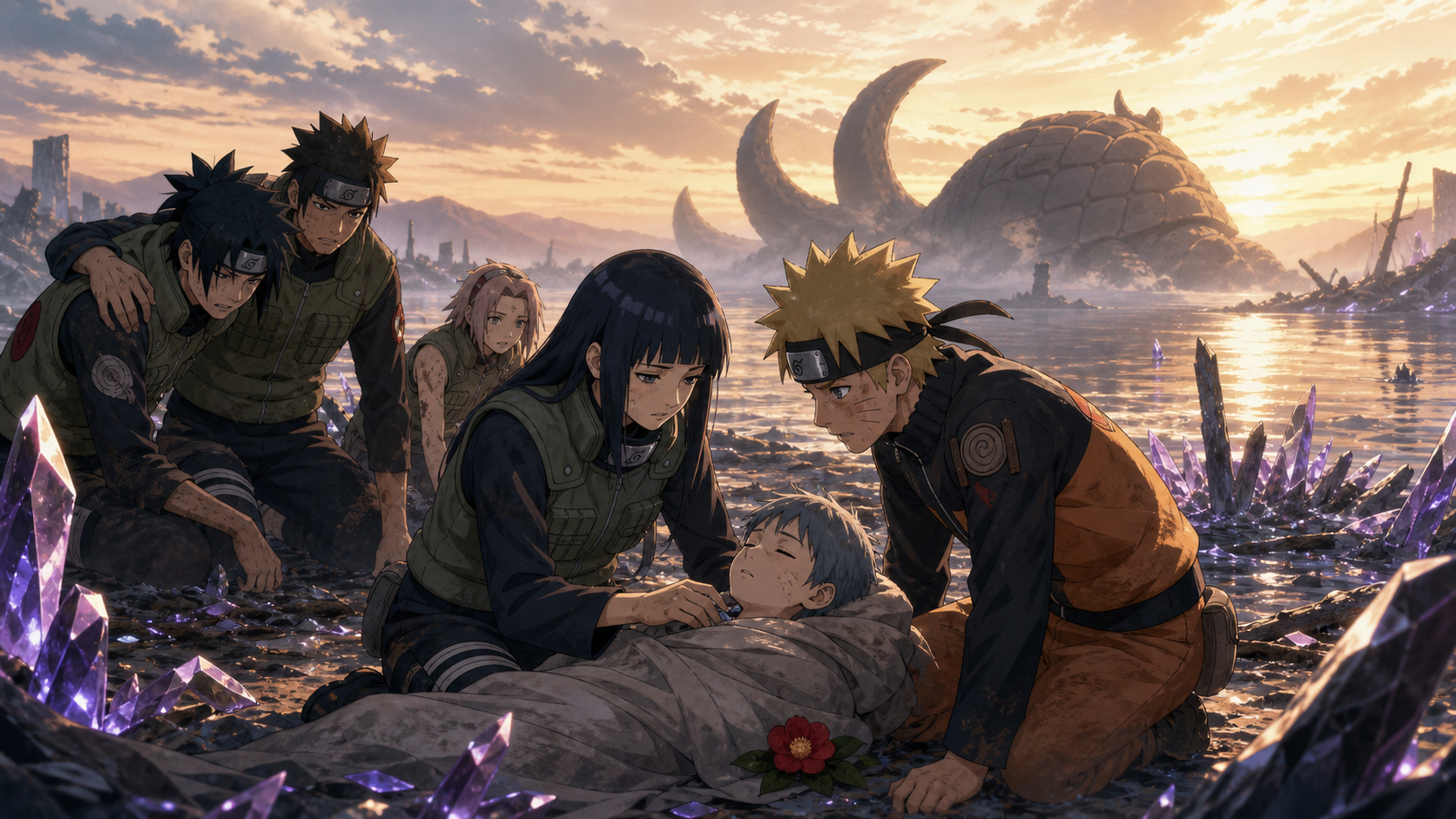 Shizune examines unconscious Yukimaru as Naruto and wounded Leaf shinobi regroup beside crystal fragments in Naruto Shippuden Episode 112
