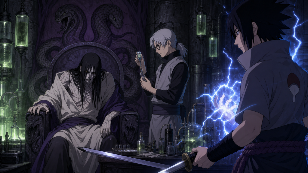 Kabuto medicates a collapsing Orochimaru while Sasuke gathers blue lightning and draws his sword in Naruto Shippuden Episode 113