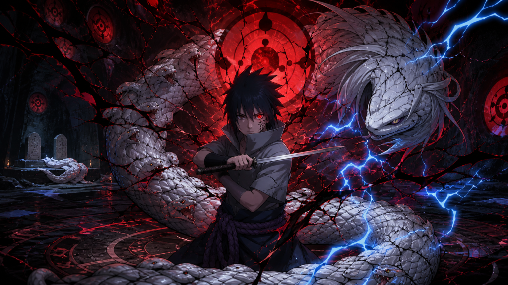 Sasuke uses his red Sharingan and blue lightning to reverse Orochimaru's white-serpent possession ritual in Naruto Shippuden Episode 114
