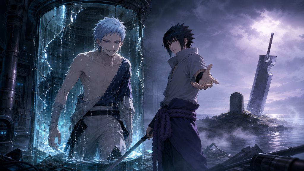 Sasuke frees Suigetsu from a shattered water tank as Zabuza's Executioner's Blade waits beside a misty grave in Naruto Shippuden Episode 115