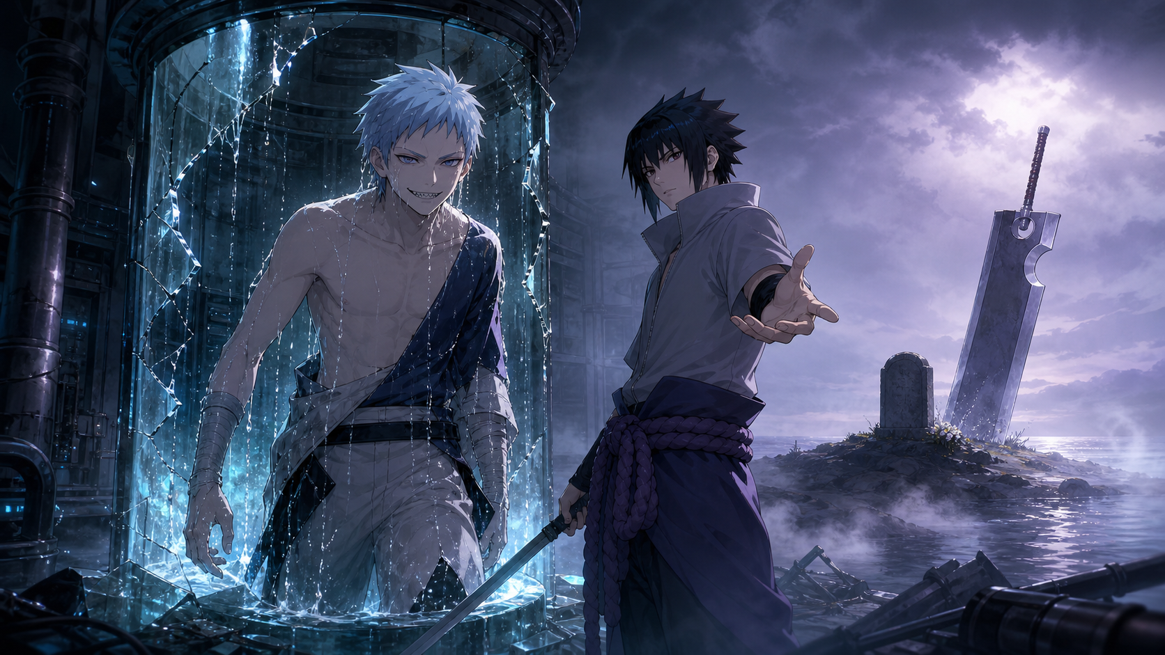 Sasuke frees Suigetsu from a shattered water tank as Zabuza's Executioner's Blade waits beside a misty grave in Naruto Shippuden Episode 115