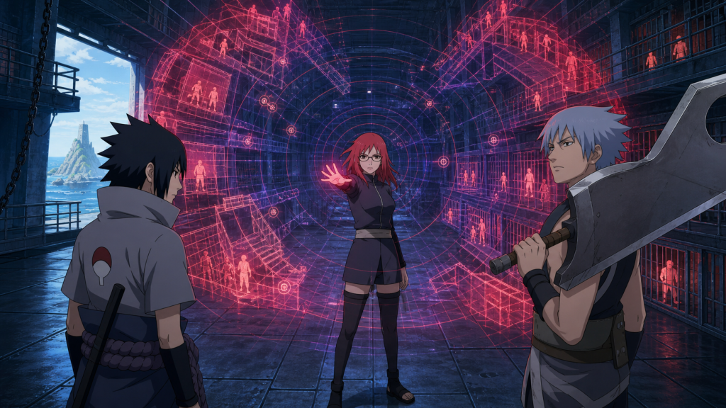 Karin maps every prisoner with a red chakra sensory field as Sasuke and Suigetsu enter the southern hideout in Naruto Shippuden Episode 116