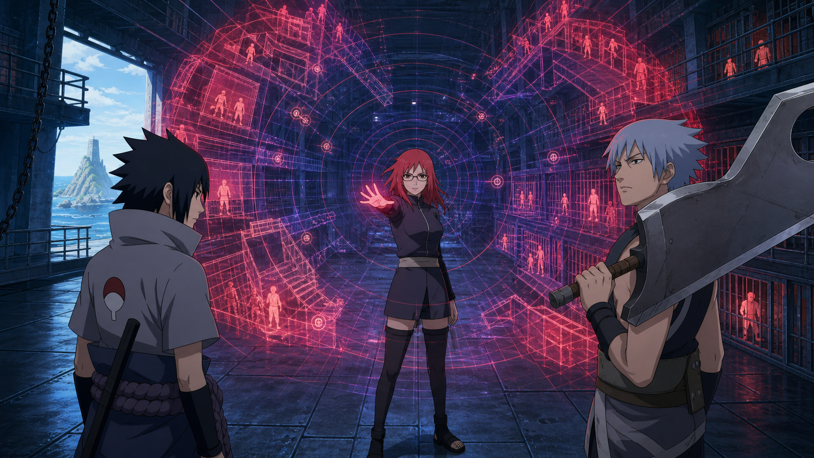 Karin maps every prisoner with a red chakra sensory field as Sasuke and Suigetsu enter the southern hideout in Naruto Shippuden Episode 116