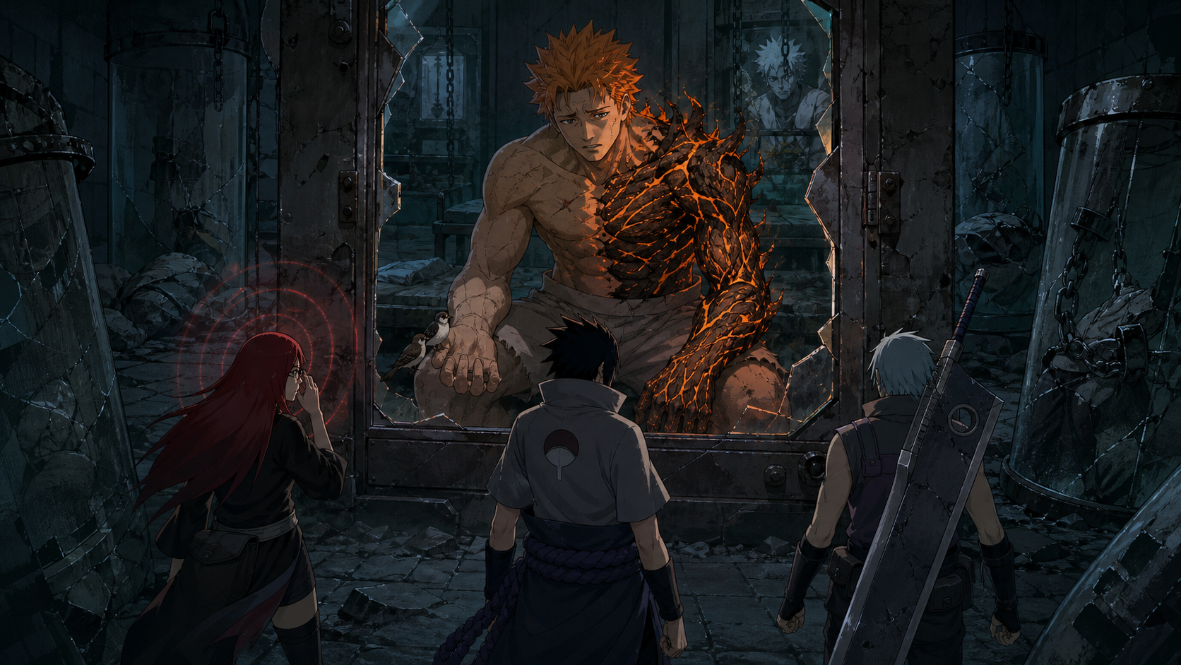 Jugo sits with birds as an involuntary orange-black curse transformation spreads while Sasuke, Karin, and Suigetsu approach in Naruto Shippuden Episode 117