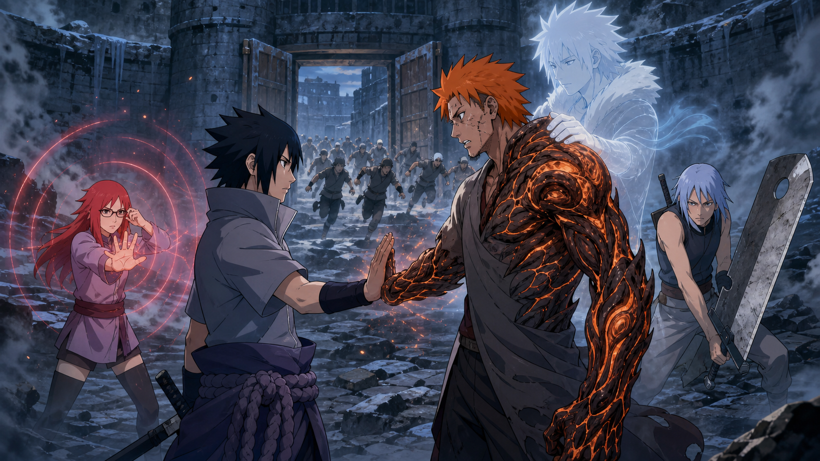 Sasuke stops Jugo's transformed fist as Kimimaro's memory, Karin, and Suigetsu frame Hebi's formation in Naruto Shippuden Episode 118