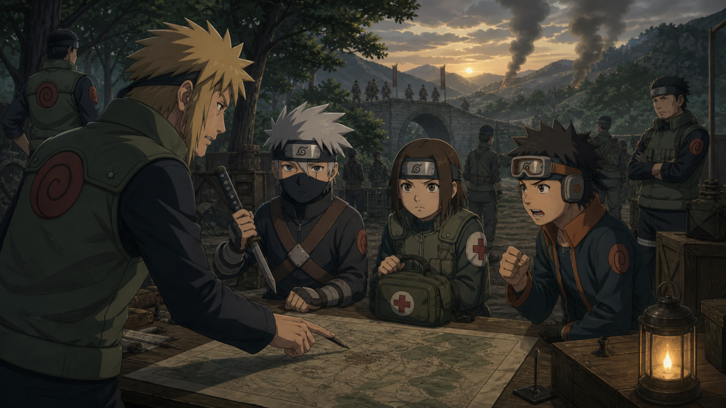 Minato assigns young Kakashi, Rin, and Obito the Kannabi Bridge mission at a Third Shinobi War command post in Naruto Shippuden Episode 119