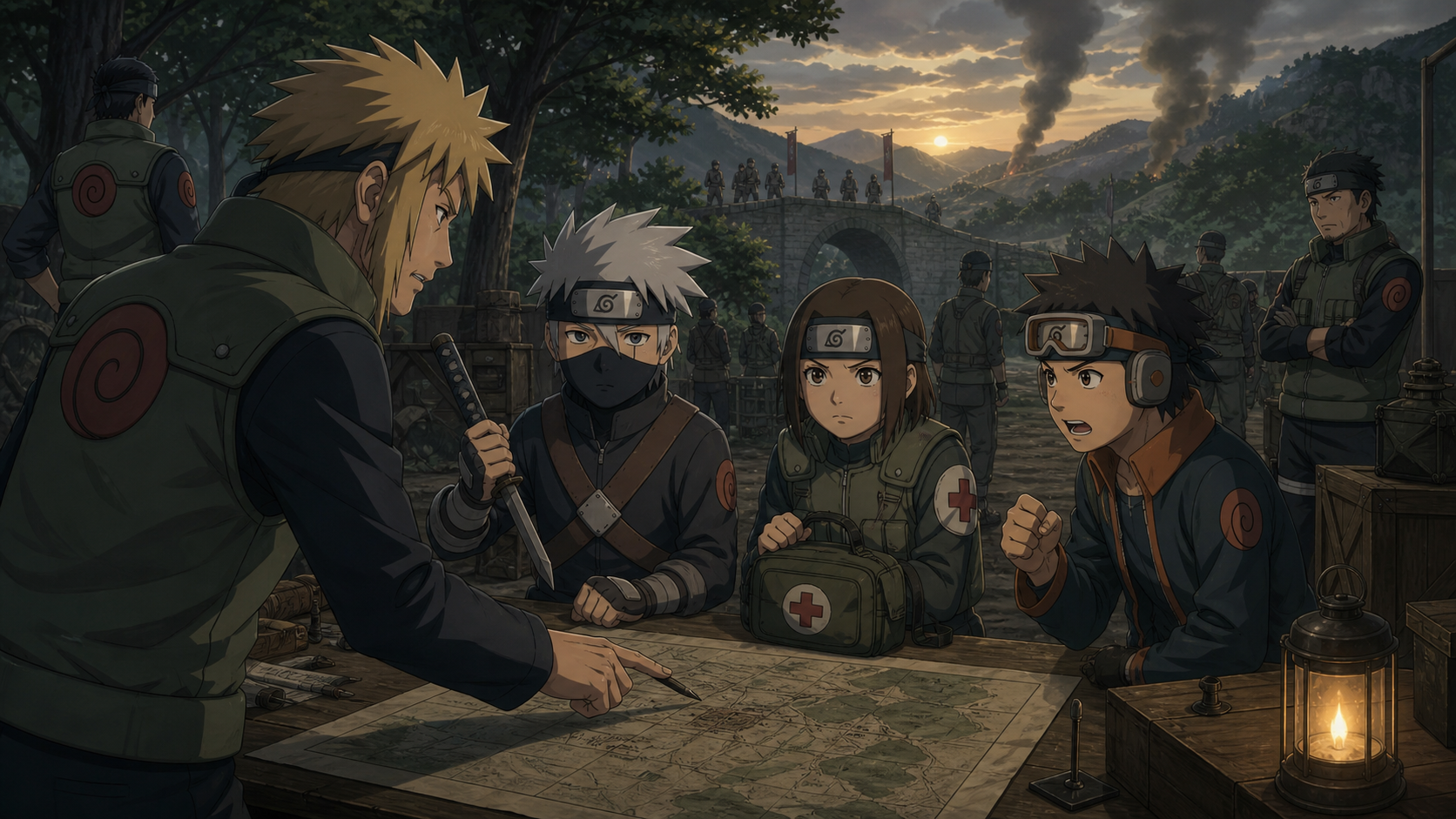 Minato assigns young Kakashi, Rin, and Obito the Kannabi Bridge mission at a Third Shinobi War command post in Naruto Shippuden Episode 119