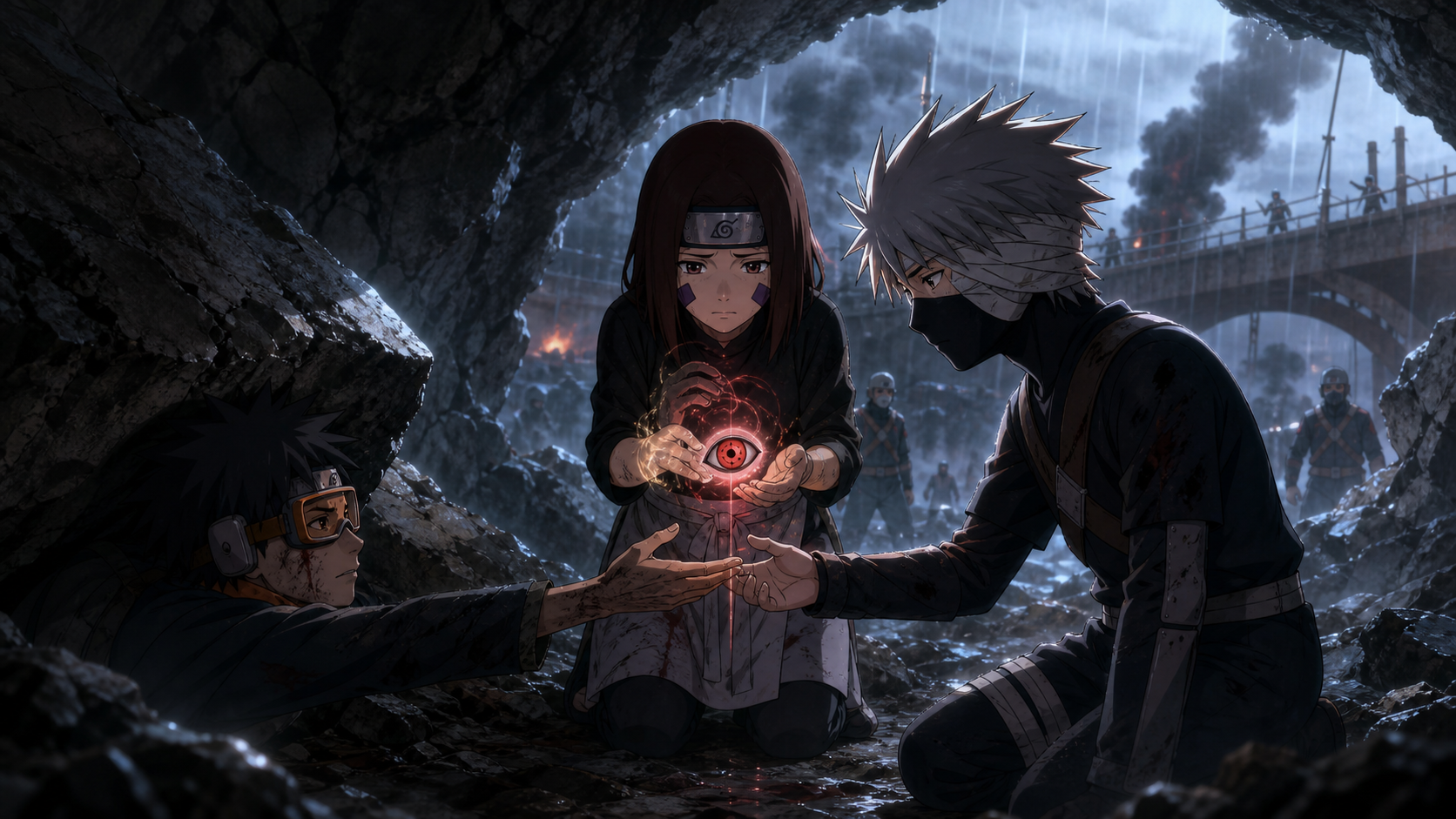 Rin transfers Obito's glowing red Sharingan to injured young Kakashi as Obito lies trapped beneath the Kannabi battlefield in Naruto Shippuden Episode 120