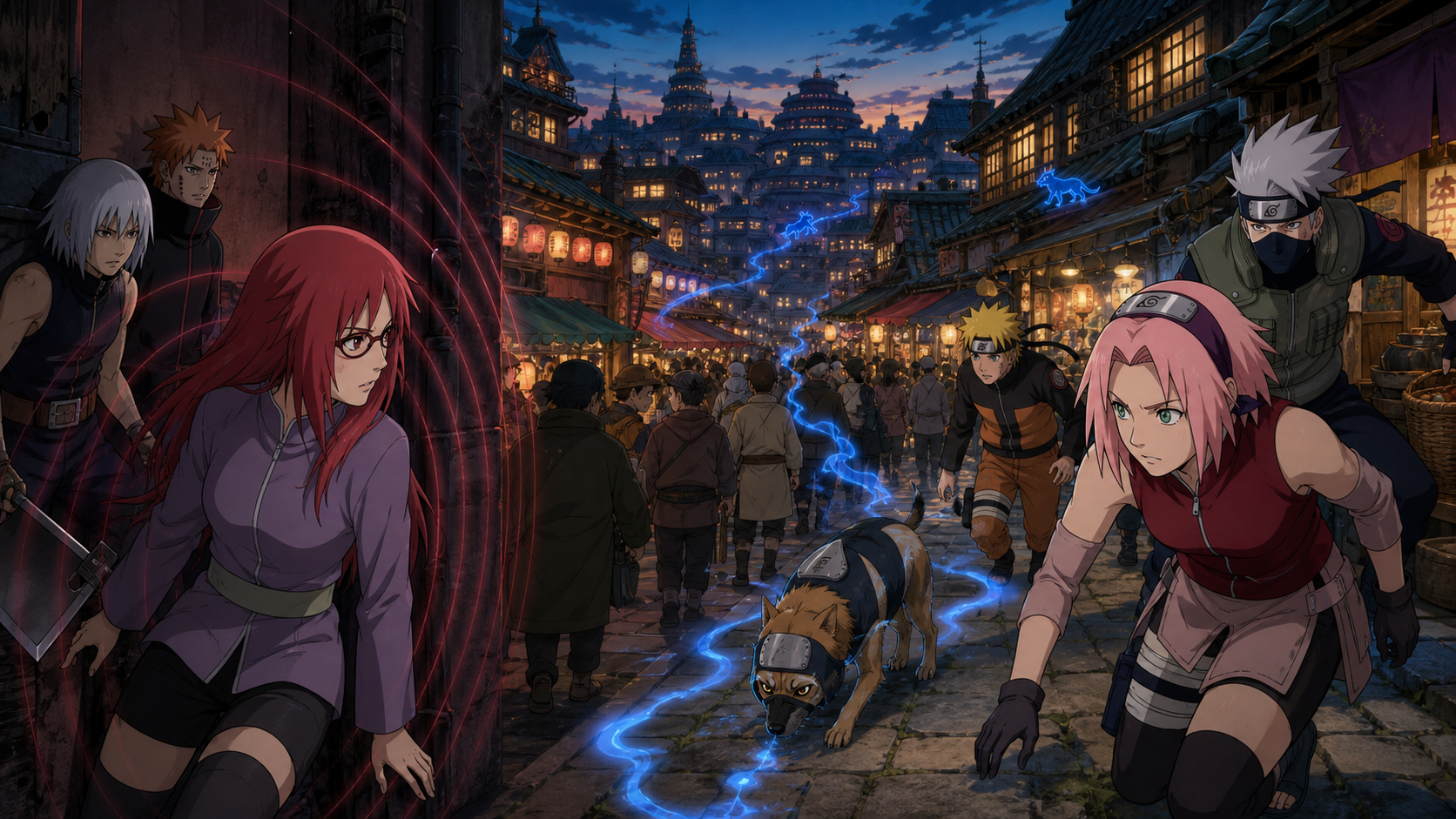 Sakura follows a ninja hound and blue scent trail while Karin senses the Leaf search team in a town in Naruto Shippuden Episode 122