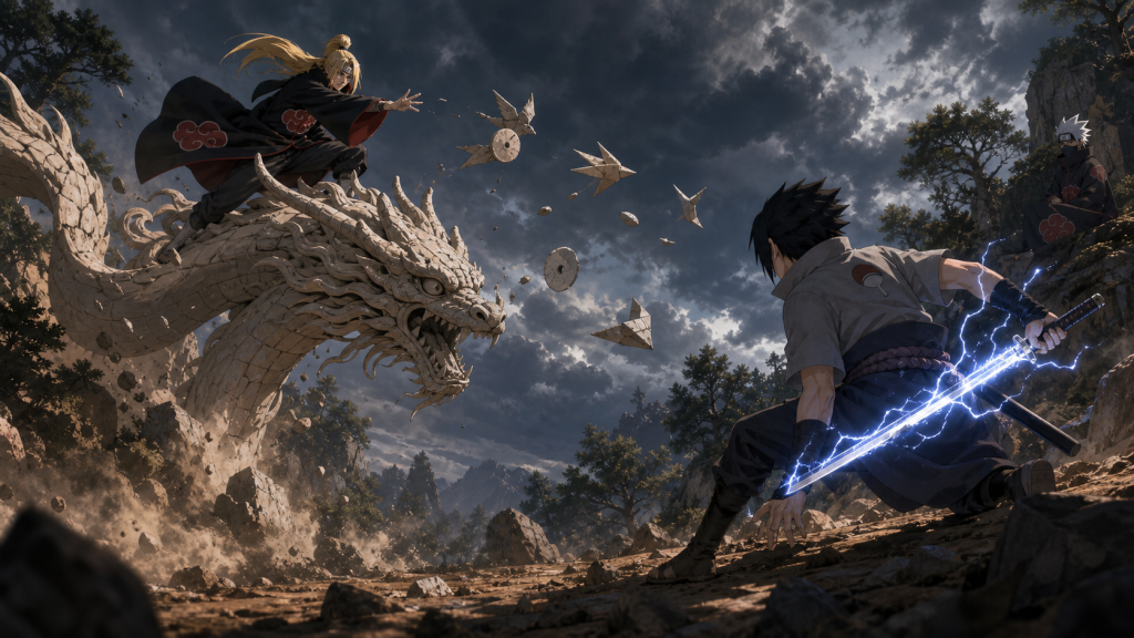 Sasuke charges a sword with lightning while Deidara attacks from a giant clay dragon and Tobi watches in Naruto Shippuden Episode 123