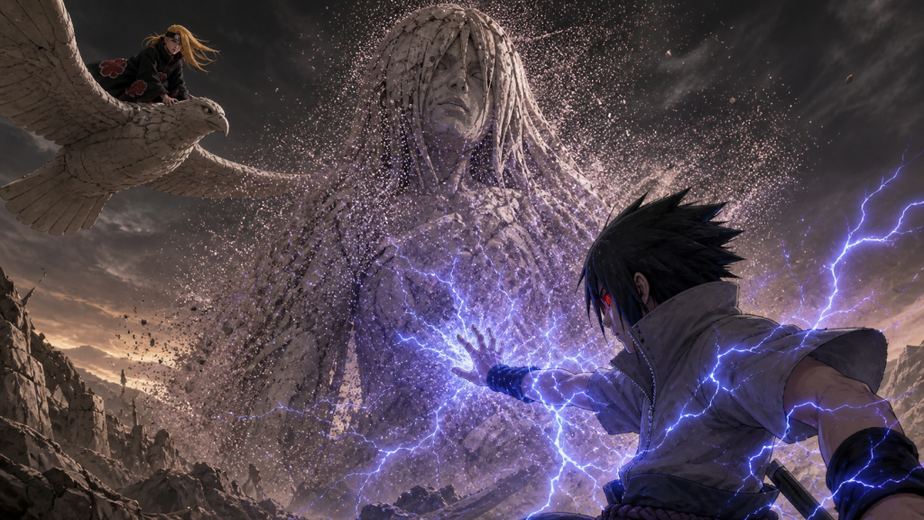 Sasuke channels lightning against the microscopic particles released by Deidara's colossal clay figure in Naruto Shippuden Episode 124