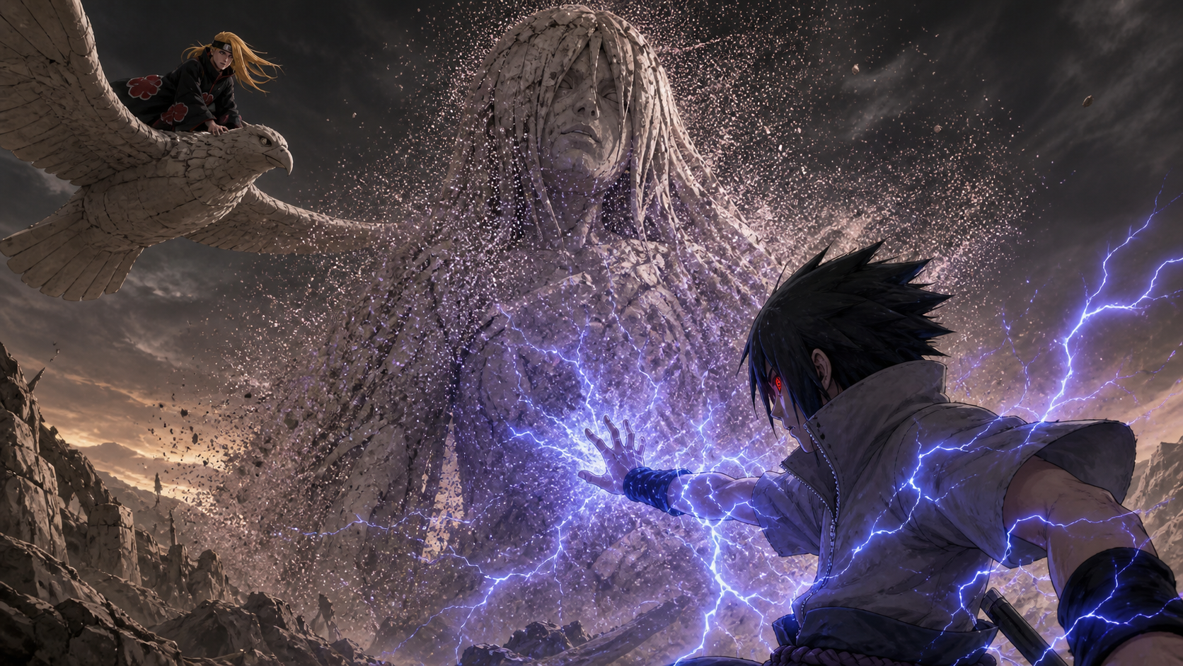 Sasuke channels lightning against the microscopic particles released by Deidara's colossal clay figure in Naruto Shippuden Episode 124