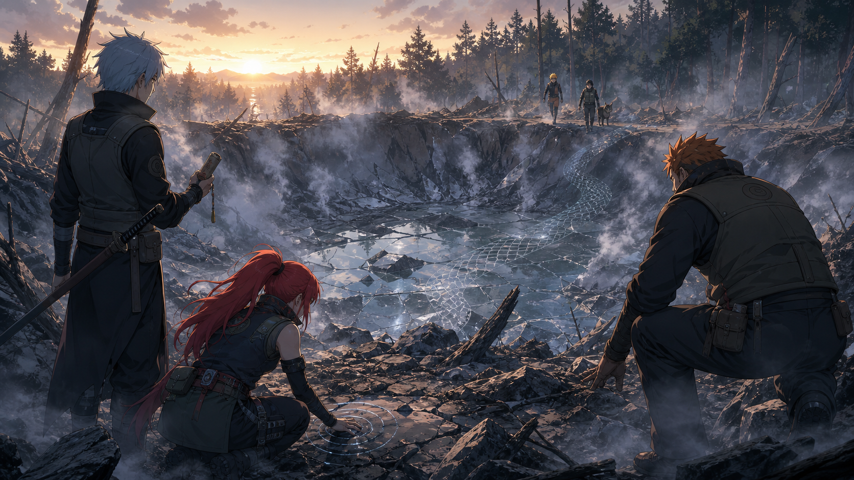 Karin, Suigetsu, and Jugo investigate Deidara's smoking crater as Naruto and Kiba arrive across the rim in Naruto Shippuden Episode 125