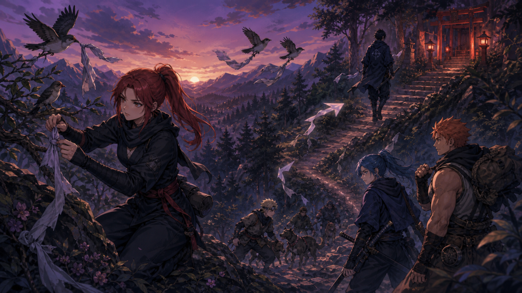 Karin ties Sasuke's clothing strips to birds and branches at twilight while Hebi separates and Konoha tracks decoy trails in Naruto Shippuden Episode 126