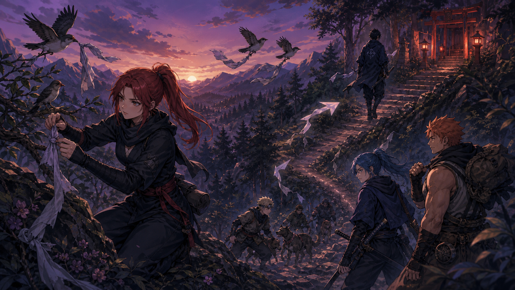 Karin ties Sasuke's clothing strips to birds and branches at twilight while Hebi separates and Konoha tracks decoy trails in Naruto Shippuden Episode 126