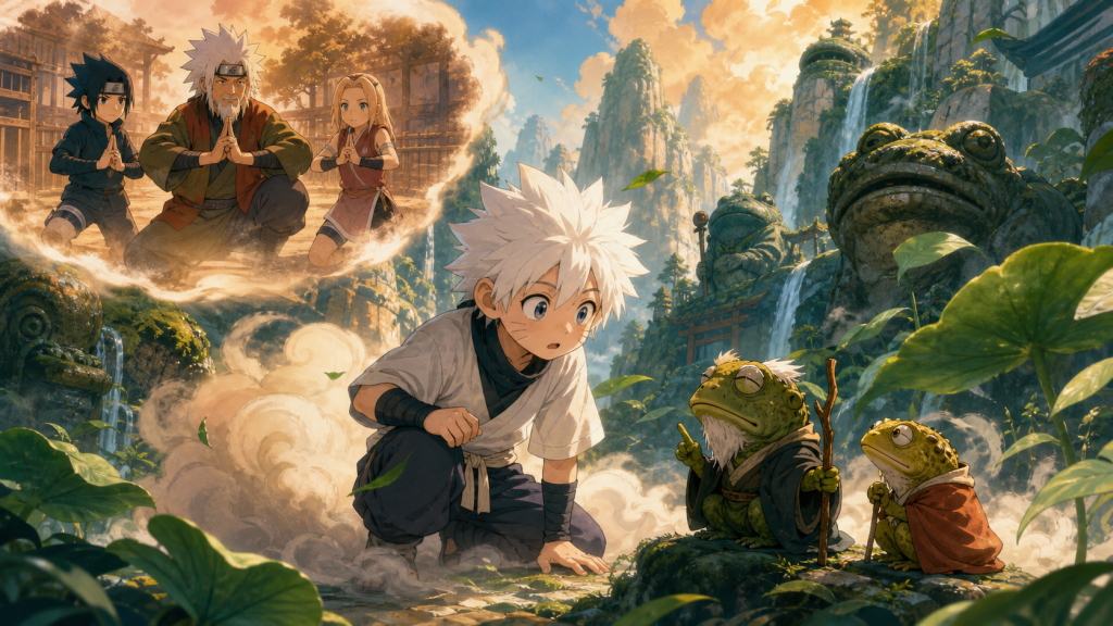 Young Jiraiya arrives by accidental summoning at Mount Myoboku and meets two wise toads in Naruto Shippuden Episode 127