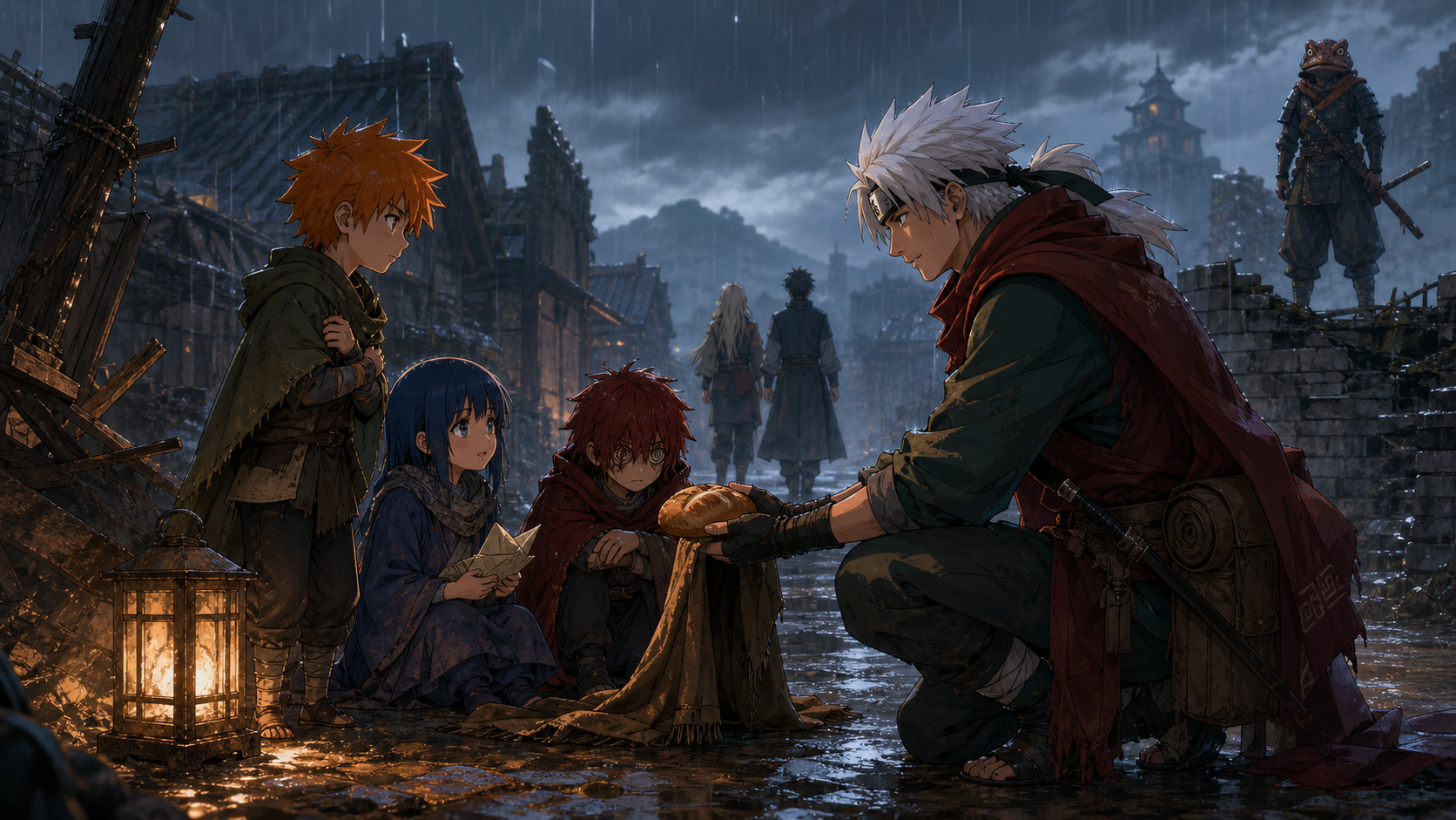 Jiraiya offers food and shelter to Yahiko, Konan, and Nagato in a rain-soaked ruined village in Naruto Shippuden Episode 128