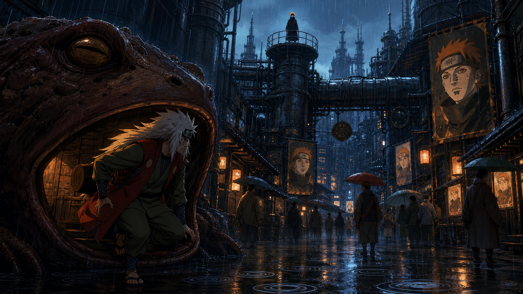 Jiraiya emerges from Gamagoro into the rain-soaked industrial Hidden Rain while Pain senses him from a tower in Naruto Shippuden Episode 129