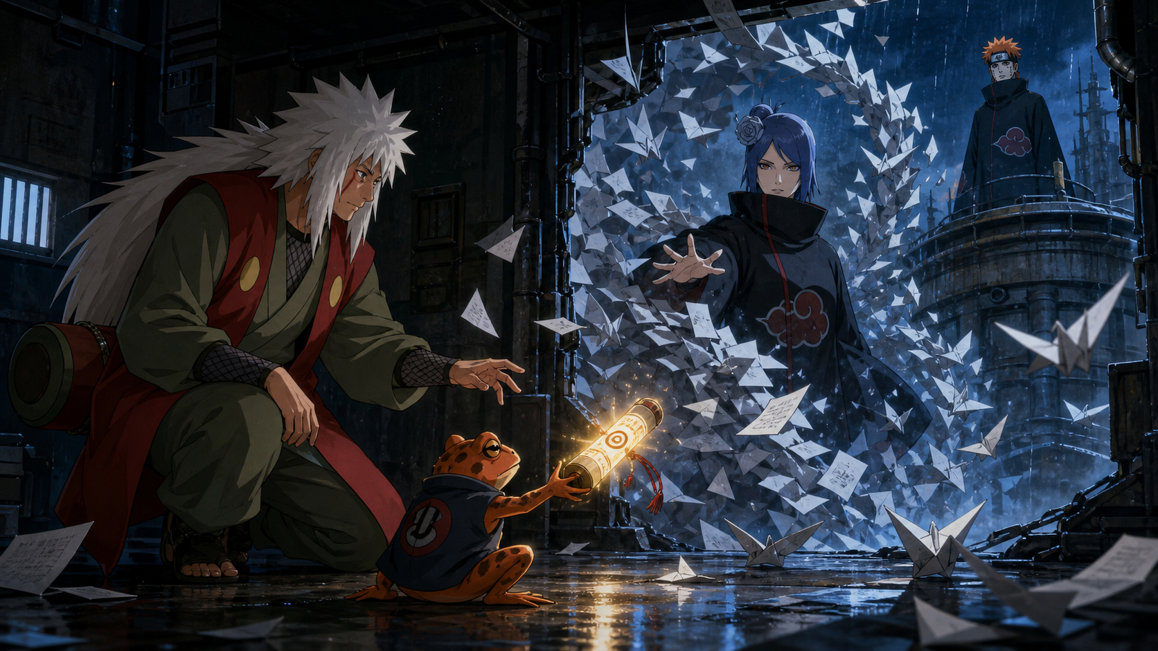 Jiraiya releases the seal-key scroll toad as Konan attacks through a cyclone of paper and Pain watches in Naruto Shippuden Episode 130