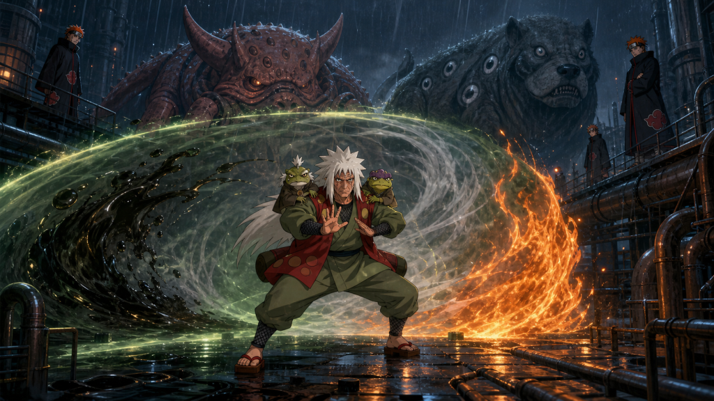 Jiraiya enters imperfect Sage Mode with Fukasaku and Shima while countering Pain's giant summons in Naruto Shippuden Episode 131