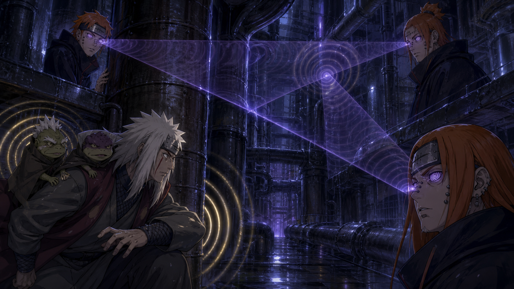 Three Pain bodies share connected sight lines while Jiraiya, Fukasaku, and Shima prepare a sound counter in Naruto Shippuden Episode 132