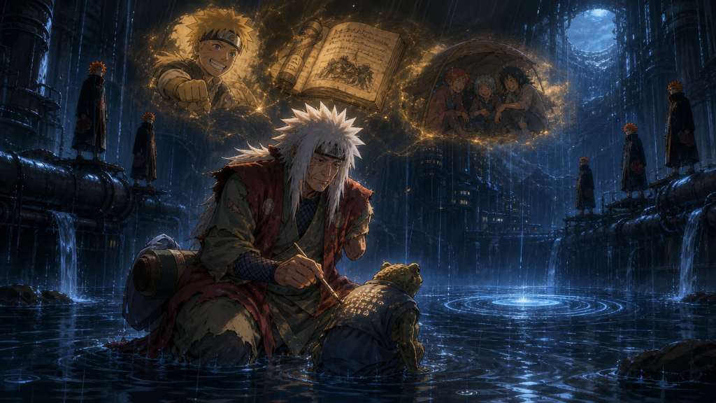 Jiraiya writes a coded message on Fukasaku while memories of Naruto, his novel, and the Rain orphans shine above in Naruto Shippuden Episode 133