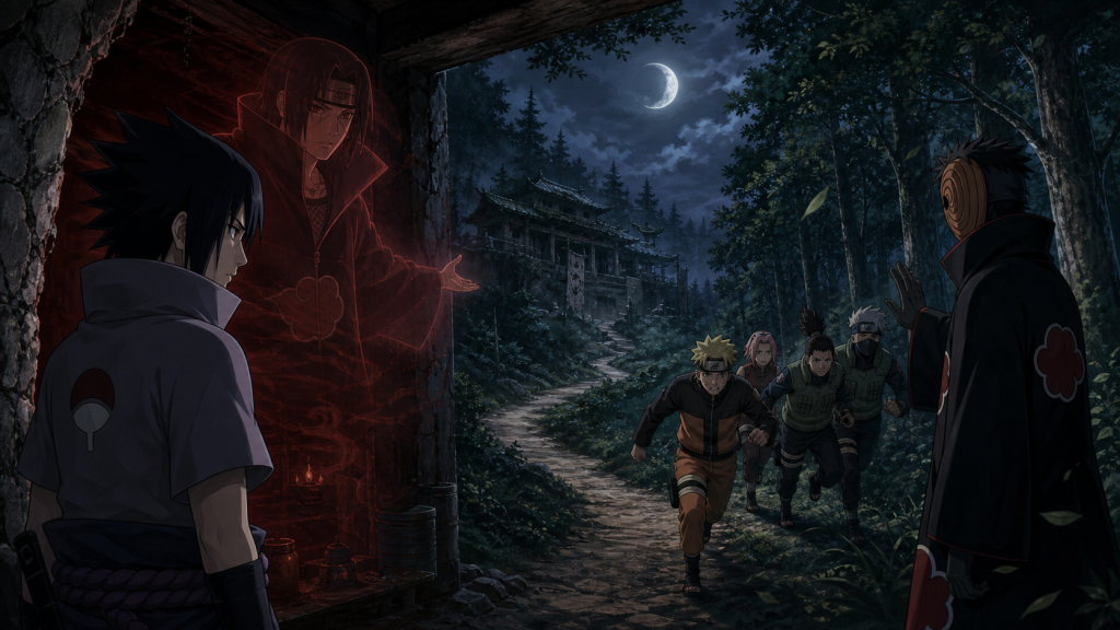 Sasuke faces Itachi's genjutsu invitation at an Akatsuki hideout while Tobi blocks Naruto's tracking team in Naruto Shippuden Episode 134