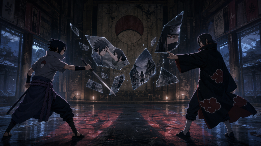 Sasuke and Itachi exchange layered taijutsu and genjutsu amid fractured childhood memories in the Uchiha hall in Naruto Shippuden Episode 135