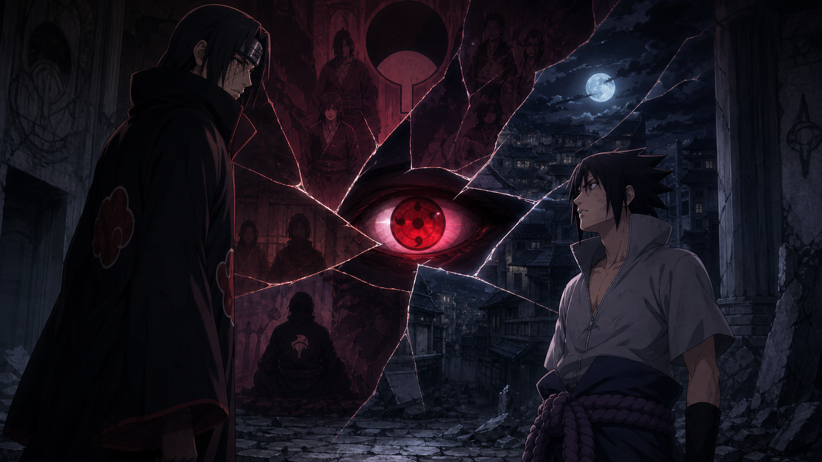 Sasuke faces Itachi across a fractured illusion of a crimson Mangekyo Sharingan, clan memories, and the moonlit Uchiha district in Naruto Shippuden Episode 136