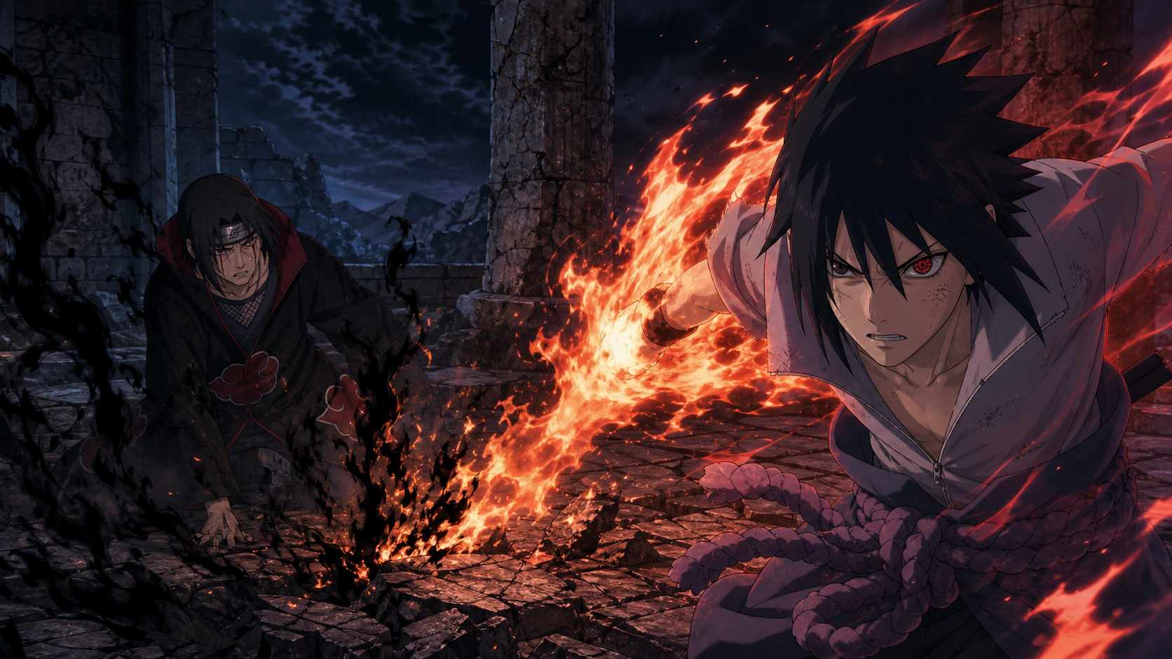Sasuke surges through orange fire toward an exhausted Itachi as black Amaterasu flames spread through the ruined Uchiha hall in Naruto Shippuden Episode 137