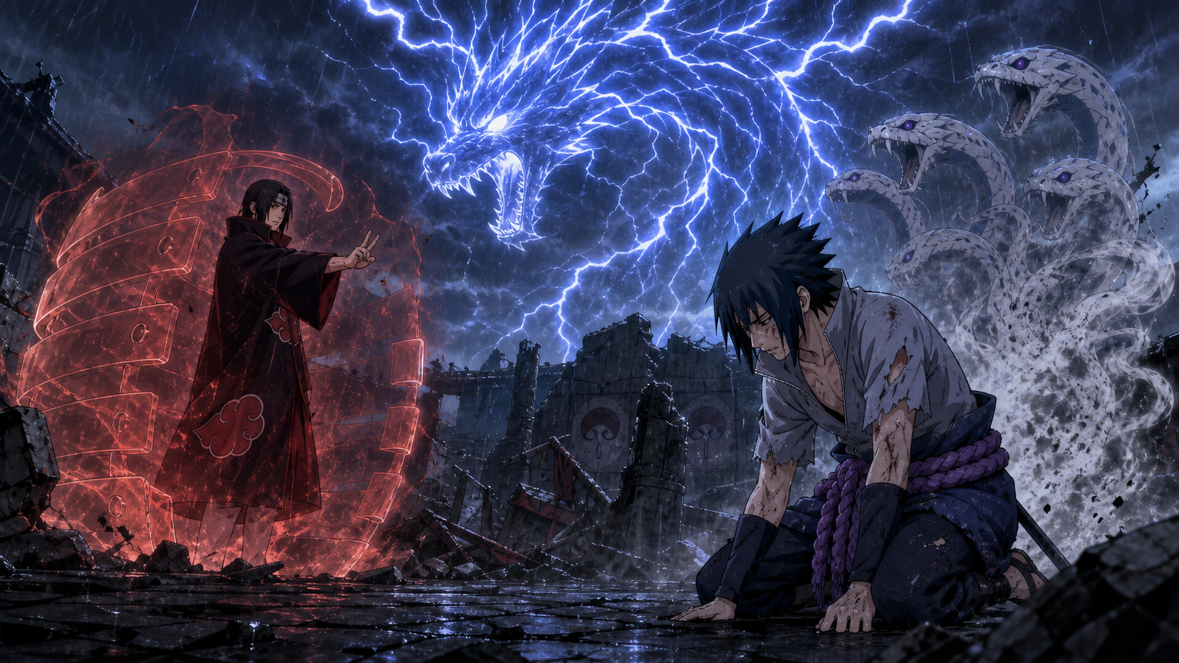 Sasuke kneels beneath Kirin's lightning as Itachi stands within Susanoo and Orochimaru's serpent form dissolves over the ruined Uchiha hideout in Naruto Shippuden Episode 138