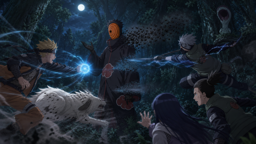 Naruto, Kakashi, Shino, Hinata, Kiba, and Akamaru attack as their techniques pass through the spiral-masked Tobi in a moonlit forest in Naruto Shippuden Episode 139