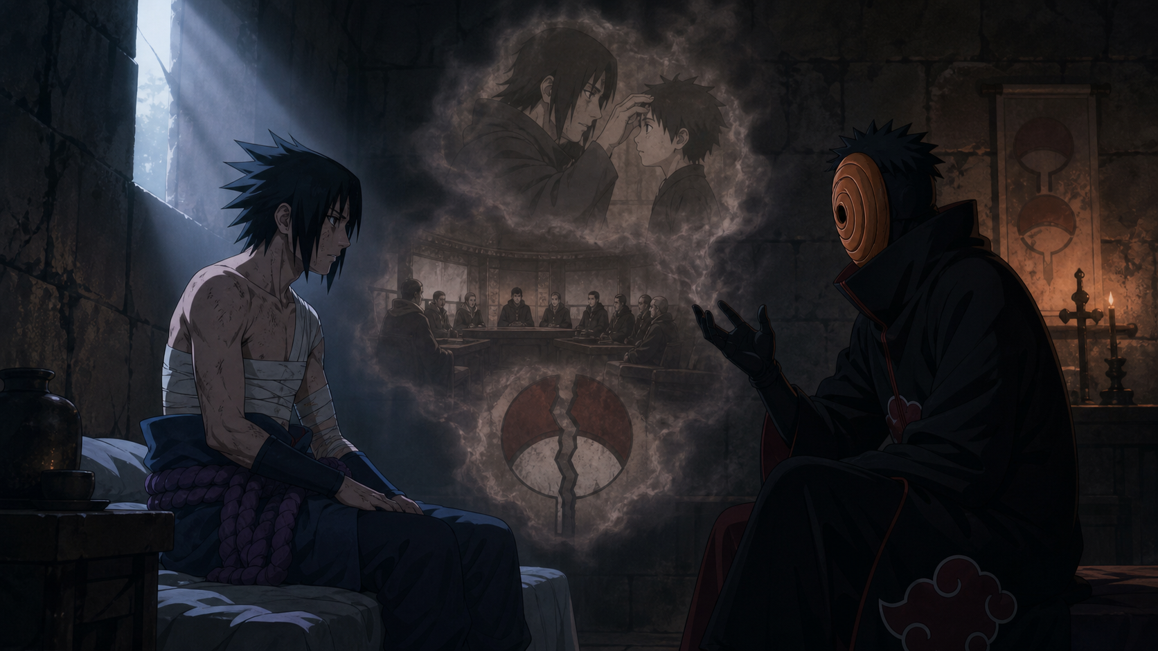 An injured Sasuke listens as the spiral-masked Tobi presents visions of Itachi, the Leaf council, and a divided Uchiha crest in Naruto Shippuden Episode 140